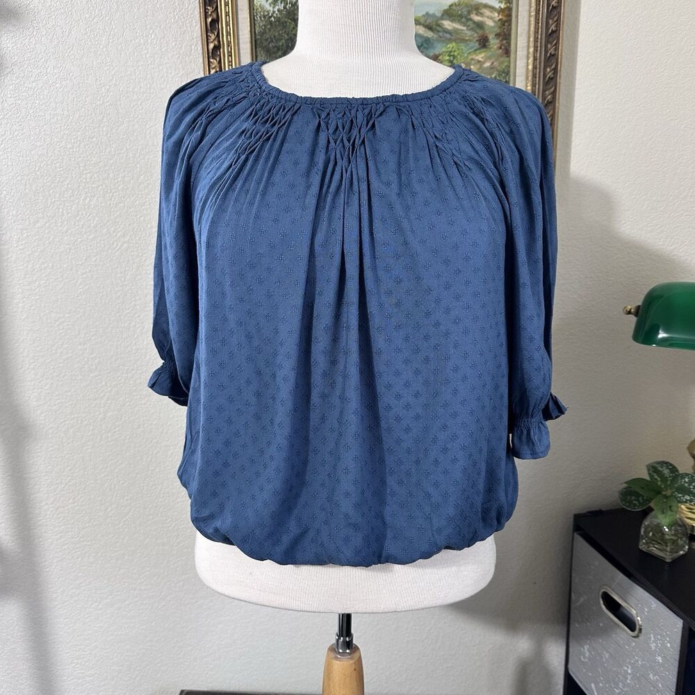Democracy Blue Woven Blouse Top Balloon Ruffle Edge Sleeve Round Neck Sz PS